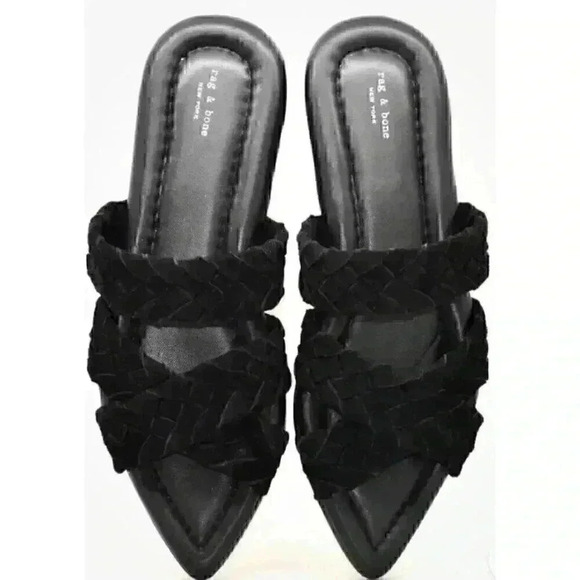 NEW RAG & BONE Lewis Black Braided Suede Pointed Toe Slide Sandal Sz 37 1/2 - Picture 1 of 11